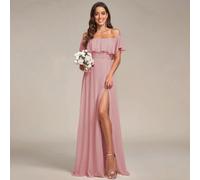Abito da damigella d'onore a-line con spalle scoperte, maniche a volant e spacco laterale, adatto anche come abito da ospite di matrimonio, per San Valentino L,M,S,XL,XS,XXLColore unicoChiffon