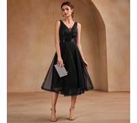 Abito da damigella d'onore a-line in rete con scollo a v e paillettes, abito da festa di Natale, abito elegante da cerimonia da donna, adatto per invitati di matrimoni, cerimonie di laurea, gala ed al