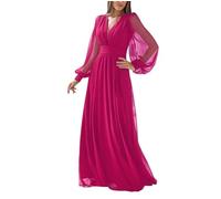 Abito da damigella d'onore a maniche lunghe da donna, con scollo a V, abito formale in chiffon plissettato, linea A, abiti da sera, Fucsia, 48