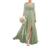 Abito da damigella d'onore a maniche lunghe da donna con spacco plissettato scollo a V abito formale lunghezza pavimento A Line abito da sera, Verde salvia, 50 Più