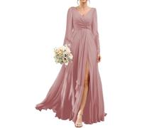 Abito da damigella d'onore a maniche lunghe da donna con spacco plissettato scollo a V abito formale lunghezza pavimento A Line abito da sera, Rosa polvere, 50 Più