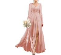 Abito da damigella d'onore a maniche lunghe da donna con spacco plissettato scollo a V abito formale lunghezza pavimento A Line abito da sera, Rosa cipria, 50 Più