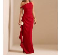 Abito da damigella d'onore autunno/inverno, abito lungo elegante con spalla obliqua, nodo attorcigliato, senza spalline, sexy, con pieghe, spacco alto e volant, abito avvolgente per donne L,M,S,XL,XS,
