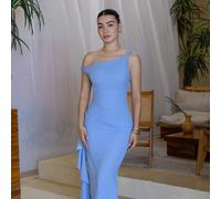 Abito da damigella d'onore autunno/inverno, abito lungo elegante con spalla obliqua, nodo attorcigliato, senza spalline, sexy, con pieghe, spacco alto, volant e avvolgente, in verde salvia L,M,S,XSCol