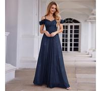 Abito da damigella d'onore blu navy elegante e lucido con spalle scoperte, senza maniche, decorazione floreale 3D, design con schiena aperta, per matrimonio estivo e autunnale L,M,S,XL,XS,XXLColore un