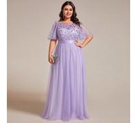 Abito da damigella d'onore con scollo a ciurlo, con fiori, paillettes e rete, di colore viola chiaro, con maniche corte, adatto per l'inverno e la primavera, per cene, feste di San Valentino e altre o