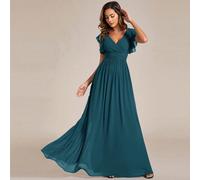 Abito da damigella d'onore con scollo a V plissettato, maniche corte, in chiffon con volant asimmetrico e schiena scoperta, adatto per occasioni di matrimonio, abito per la madre della sposa L,M,S,XL,