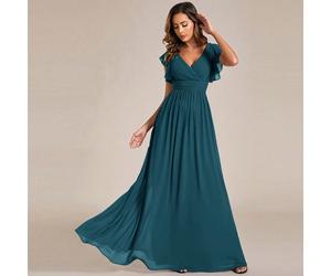 Abito da damigella d'onore con scollo a V plissettato, maniche corte, in chiffon con volant asimmetrico e schiena scoperta, adatto per occasioni di matrimonio, abito per la madre della sposa L,M,S,XL,