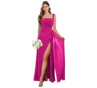 Abito da damigella d'onore con scollo quadrato lungo con fessura in chiffon plissettato A-line formale abito da sera matrimonio ospite, Rosa acceso, 50 Più