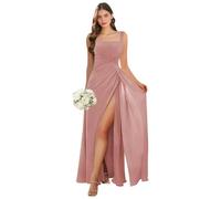 Abito da damigella d'onore con scollo quadrato lungo con fessura in chiffon plissettato A-line formale abito da sera matrimonio ospite, Rosa polvere, 50 Più