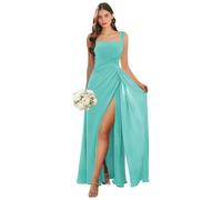Abito da damigella d'onore con scollo quadrato lungo con fessura in chiffon plissettato A-line formale abito da sera matrimonio ospite, Turchese, 50 Più