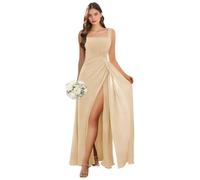 Abito da damigella d'onore con scollo quadrato lungo con fessura in chiffon plissettato A-line formale abito da sera matrimonio ospite, Champagne, 50 Più