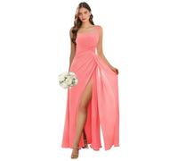 Abito da damigella d'onore con scollo quadrato lungo con fessura in chiffon plissettato A-line formale abito da sera matrimonio ospite, Corallo, 50 Più