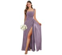 Abito da damigella d'onore con scollo quadrato lungo con fessura in chiffon plissettato A-line formale abito da sera matrimonio ospite, Glicine, 50 Più