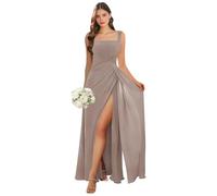 Abito da damigella d'onore con scollo quadrato lungo con fessura in chiffon plissettato A-line formale abito da sera matrimonio ospite, Tortora, 50 Più