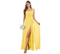 Abito da damigella d'onore con scollo quadrato lungo con fessura in chiffon plissettato A-line formale abito da sera matrimonio ospite, Giallo, 50 Più