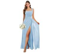 Abito da damigella d'onore con scollo quadrato lungo con fessura in chiffon plissettato A-line formale abito da sera matrimonio ospite, Azzurro, 50 Più
