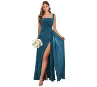 Abito da damigella d'onore con scollo quadrato lungo con fessura in chiffon plissettato A-line formale abito da sera matrimonio ospite, Pavone, 50