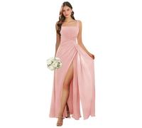 Abito da damigella d'onore con scollo quadrato lungo con fessura in chiffon plissettato A-line formale abito da sera matrimonio ospite, Rosa cipria, 50 Più