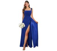 Abito da damigella d'onore con scollo quadrato lungo con fessura in chiffon plissettato A-line formale abito da sera matrimonio ospite, Blu reale, 50 Più