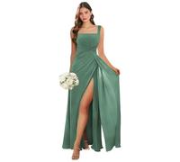 Abito da damigella d'onore con scollo quadrato lungo con fessura in chiffon plissettato A-line formale abito da sera matrimonio ospite, Eucalipto, 50 Più