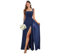 Abito da damigella d'onore con scollo quadrato lungo con fessura in chiffon plissettato A-line formale abito da sera matrimonio ospite, blu navy, 50 Più