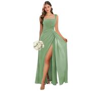 Abito da damigella d'onore con scollo quadrato lungo con fessura in chiffon plissettato A-line formale abito da sera matrimonio ospite, Verde salvia, 50 Più