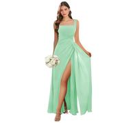 Abito da damigella d'onore con scollo quadrato lungo con fessura in chiffon plissettato A-line formale abito da sera matrimonio ospite, Verde menta, 50 Più