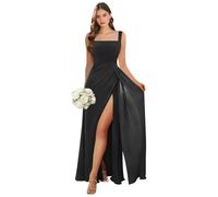 Abito da damigella d'onore con scollo quadrato lungo con fessura in chiffon plissettato A-line formale abito da sera matrimonio ospite, Nero , 50 Più