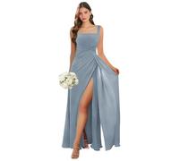Abito da damigella d'onore con scollo quadrato lungo con fessura in chiffon plissettato A-line formale abito da sera matrimonio ospite, Blu polvere., 50