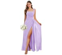Abito da damigella d'onore con scollo quadrato lungo con fessura in chiffon plissettato A-line formale abito da sera matrimonio ospite, Lilla, 50 Più