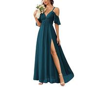 Abito da damigella d'onore con spalline sottili e spacco semplice lungo A-Line abito formale con chiffon per le donne, Foglia di t, 48