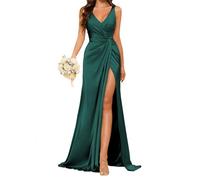 Abito da damigella d'onore da donna con scollo a V e fessura increspata in vita in raso plissettato abito formale da festa, Pavone, 46