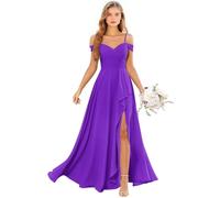 Abito da damigella d'onore da donna con spalle scoperte in chiffon increspato a trapezio formale abito da sera abito da sera lungo spacco abito per ospiti di nozze, Viola, 50
