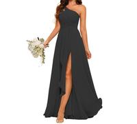 Abito da damigella d'onore da donna in chiffon, con spacco, abito da ballo, plissettato, abito da cocktail taglie forti, Nero , 48