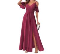Abito da damigella d'onore da donna, in chiffon, con spacco, con volant, taglie forti, Rosa del deserto, 58 Più