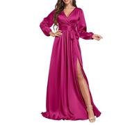 Abito da damigella d'onore da donna, in raso, con scollo a V, formale, da sera, con spacco, Fucsia, 38