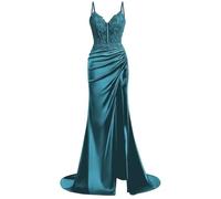 Abito da damigella d'onore da donna in raso con spacco abito da ballo pieghettato abito da cocktail taglie forti, Foglia di t, 64 Più