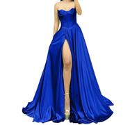 Abito da damigella d'onore da donna, in raso, con spacco e pieghe, abito da cocktail taglie forti, Blu reale, 24 Più