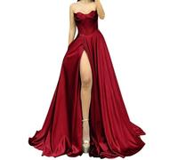 Abito da damigella d'onore da donna, in raso, con spacco e pieghe, abito da cocktail taglie forti, Borgogna, 62 Più