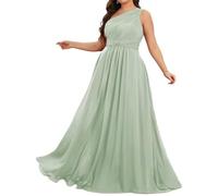 Abito da damigella d'onore da donna monospalla Plus Size Maxi increspato vita impero chiffon abito da damigella d'onore, Verde salvia, 54