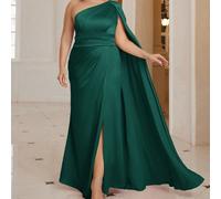 Abito da damigella d'onore da donna taglie forti con collo asimmetrico e orlo spacco, elegante abito da sera a maniche lunghe per laurea, cena, festa, matrimonio 0XL,1XL,2XL,3XL,4XL,5XLColore unicoTes