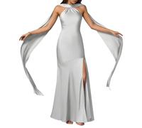 Abito da damigella d'onore da principessa sirena per ragazzi Halter Prom Dresses raso formale sera partito maxi abito ZMKI385, Argento, 60 Più