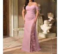 Abito da damigella d'onore di grandi dimensioni, elegante e romantico, in rosa loto, con spalle scoperte, maniche a sbuffo raccolte, plissettatura, patch in rete e ricamo, fiore 3D, design con spacche