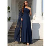Abito da damigella d'onore elegante a line blu navy con una spalla, maniche extra lunghe, lunghezza pavimento in chiffon, abito da cerimonia per invitati di matrimonio, abito per la madre della sposa