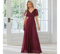 Abito da damigella d'onore elegante e luccicante con scollo a V e maniche a volant, colore bordeaux, adatto per ricevimenti di matrimonio, feste di compleanno, feste di vacanza, raduni familiari, Capo