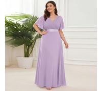 Abito da damigella d'onore elegante in chiffon con scollo a V, maniche a volant e plissettato, taglie forti, adatto per ospiti di matrimonio, occasioni semi-formali e feste, estate e inizio autunno 0X