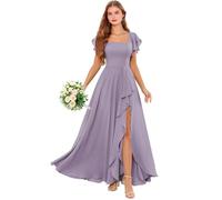 Abito da damigella d'onore in chiffon a maniche corte con scollo quadrato a fessura Abito da sposa lungo abito da sera formale, Glicine, 42
