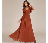 Abito da damigella d'onore in chiffon arancione bruciato con scollo a V arricciato, maniche a cappuccio, design con schiena scoperta, gonna plissettata asimmetrica per la madre della sposa per matrimo