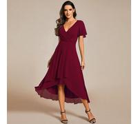Abito da damigella d'onore in chiffon bordeaux con balze, orlo a contrasto alto-basso, linea ad A, elegante per l'autunno, adatto anche come abito da ospite di matrimonio, vacanza, madre della sposa L